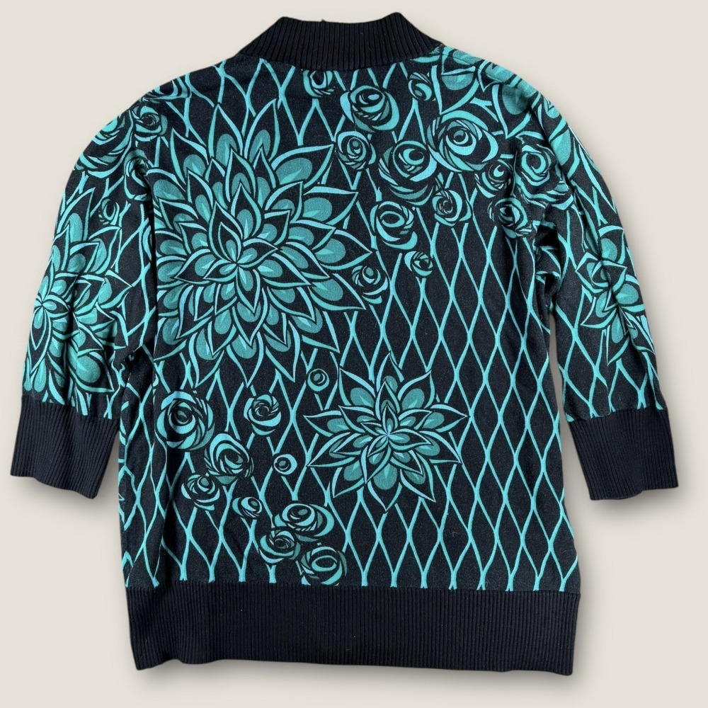 Bob Mackie Wearable Art Cardigan‎ Womens Large Black Teal Floral Zip Sweater - Picture 6 of 6
